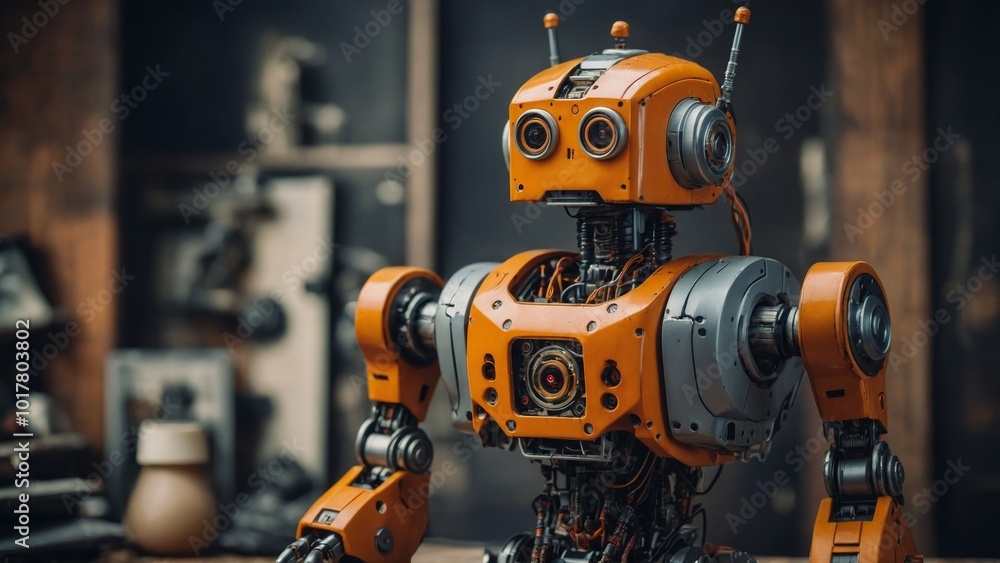robotic robot with orange and yellow eyes. robot is standing in front of a wooden table with the background robotic robot with orange and yellow eyes. robot is standing in front of a wooden table with the background