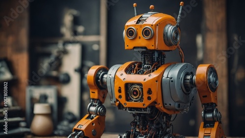 robotic robot with orange and yellow eyes. robot is standing in front of a wooden table with the background