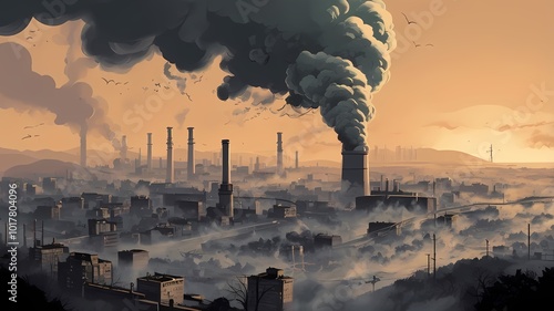 An illustration of air pollution depicting numerous factories releasing toxic emissions into the atmosphere.