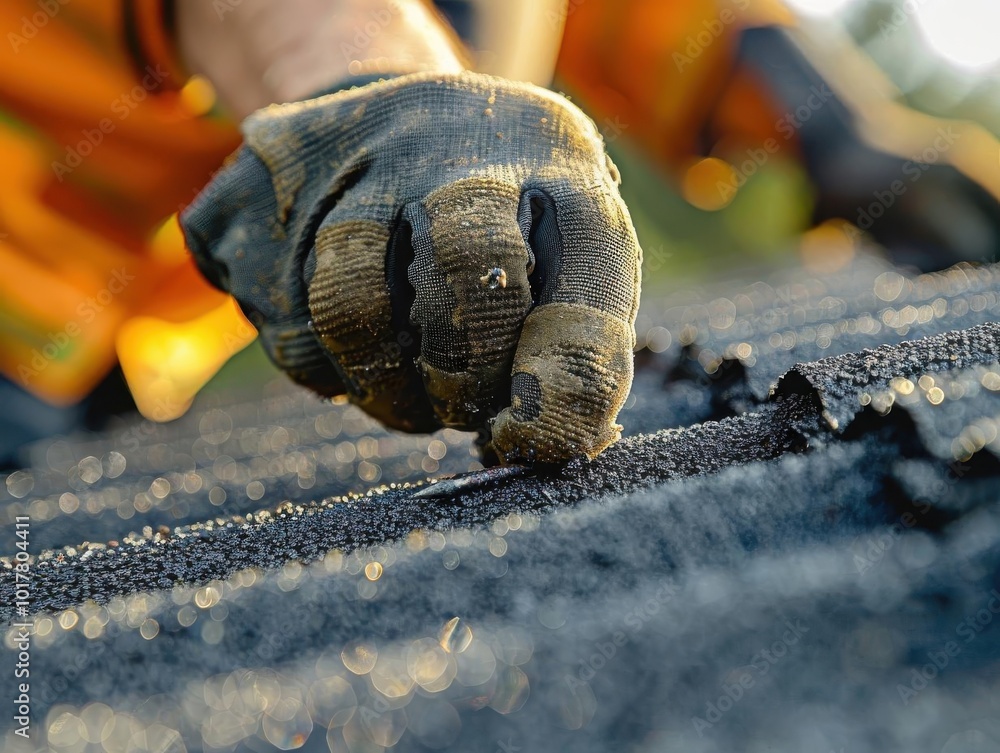 Close-up of a construction worker's muddy gloved hands meticulously placing tiles on a roof. Focus is on hands and tiles, suggesting hard work and craftsmanship. Close-up of a construction worker's muddy gloved hands meticulously placing tiles on a roof. Focus is on hands and tiles, suggesting hard work and craftsmanship.