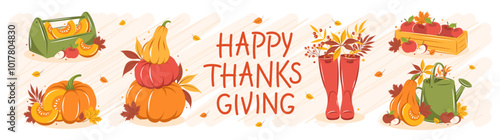 Happy thanksgiving day. Set with pumpkin, fruit, watering can and autumn leaves. Gardening, growing plants. Vector illustration for holiday greeting card, banner, poster.
