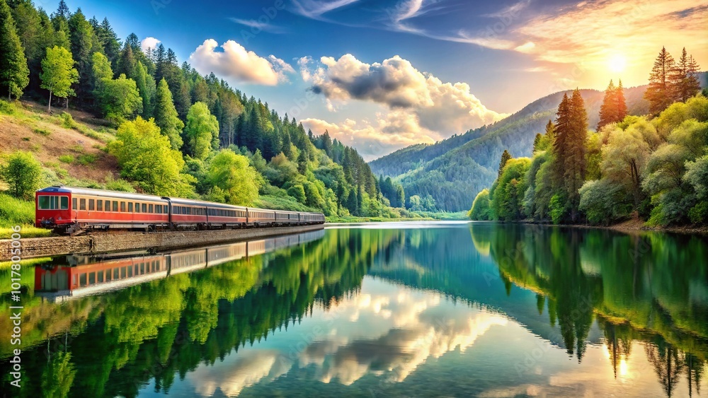 Scenic Passenger Train Crossing Over a Serene Lake in Panoramic View Scenic Passenger Train Crossing Over a Serene Lake in Panoramic View