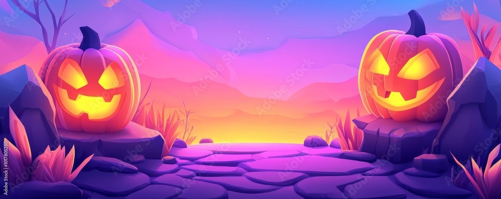 Pastel trick-or-treat path with glowing pumpkins, flat illustration Pastel trick-or-treat path with glowing pumpkins, flat illustration