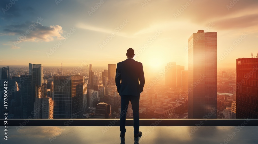 A businessman in a suit stands on a building's edge during sunrise, contemplating the vast cityscape laid out before him. A businessman in a suit stands on a building's edge during sunrise, contemplating the vast cityscape laid out before him.