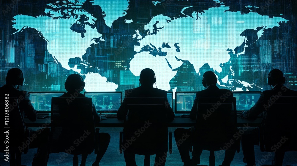 A group of people are sitting at a table looking at a computer screen with a map A group of people are sitting at a table looking at a computer screen with a map