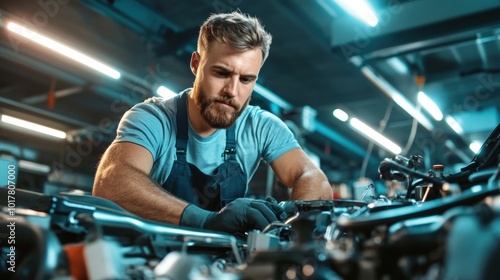 Mechanic Working on Engine in Industrial Garage