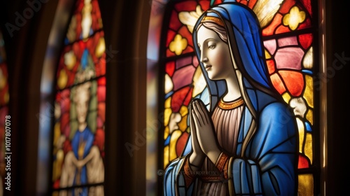 A stained glass window beautifully illuminates a serene statue of the Virgin Mary, crafting a sense of divine peace and vibrant spirituality.