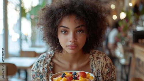 A young woman with curly hair holds a bowl of fresh fruit in a cozy café setting.