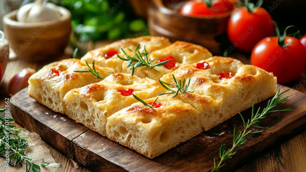 Freshly baked focaccia with rosemary and tomatoes, perfect for a light lunch or snack Freshly baked focaccia with rosemary and tomatoes, perfect for a light lunch or snack