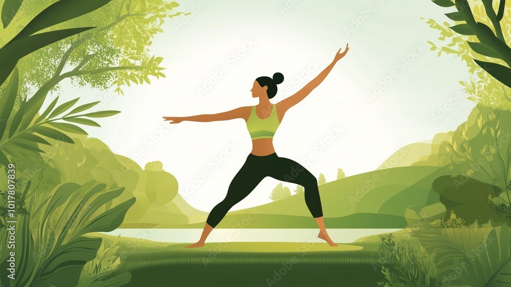 A serene illustration of a woman in a yoga pose, practicing meditation in a peaceful park surrounded by nature and gardens, symbolizing health and relaxation A serene illustration of a woman in a yoga pose, practicing meditation in a peaceful park surrounded by nature and gardens, symbolizing health and relaxation