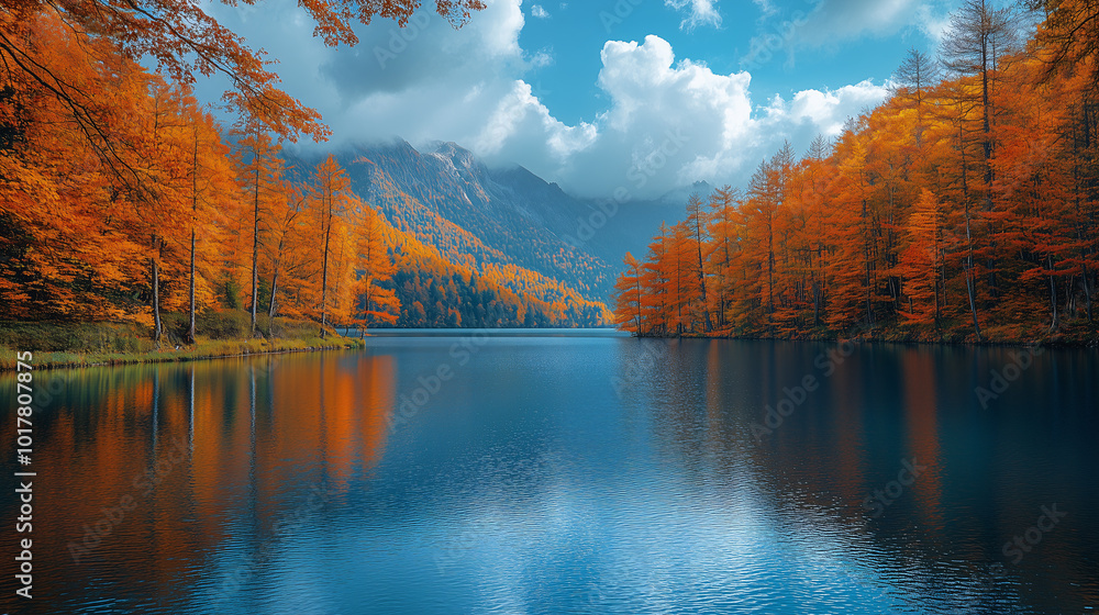 Naklejka premium Tranquil mountain lake reflecting colorful autumn foliage and misty sky at sunrise