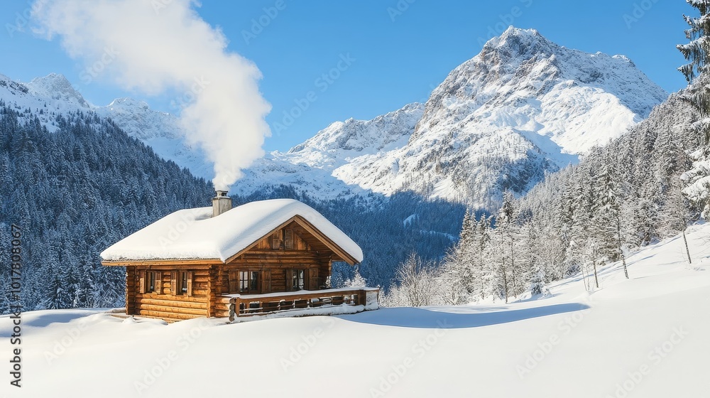 A cozy wooden cabin surrounded by snow-covered mountains and trees under a clear blue sky. A cozy wooden cabin surrounded by snow-covered mountains and trees under a clear blue sky.