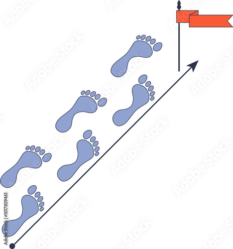 Footprints lead diagonally to a flag, symbolizing progress and achievement.