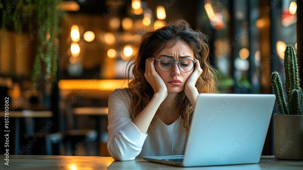 Frustrated Woman Working on Laptop in Cafe Setting Frustrated Woman Working on Laptop in Cafe Setting