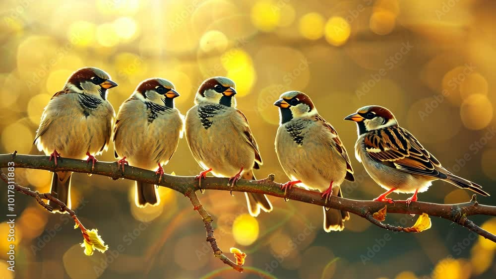 Five sparrows perch on a branch in the warm afternoon sunlight Five sparrows perch on a branch in the warm afternoon sunlight