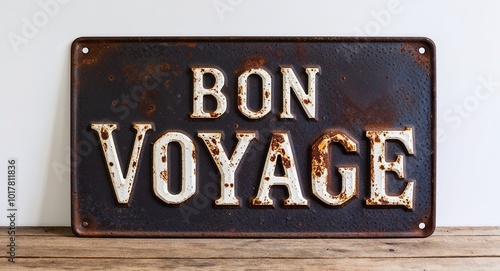 bon voyage lettering on antique rugged rusty metal sign on plain white background