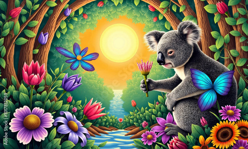 a koala bear is holding a stick with flowers and a watercolor painting of a koala bear. photo