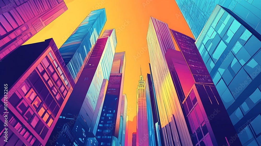 A vibrant, stylized illustration of tall skyscrapers in a city, viewed from a low angle. A vibrant, stylized illustration of tall skyscrapers in a city, viewed from a low angle.