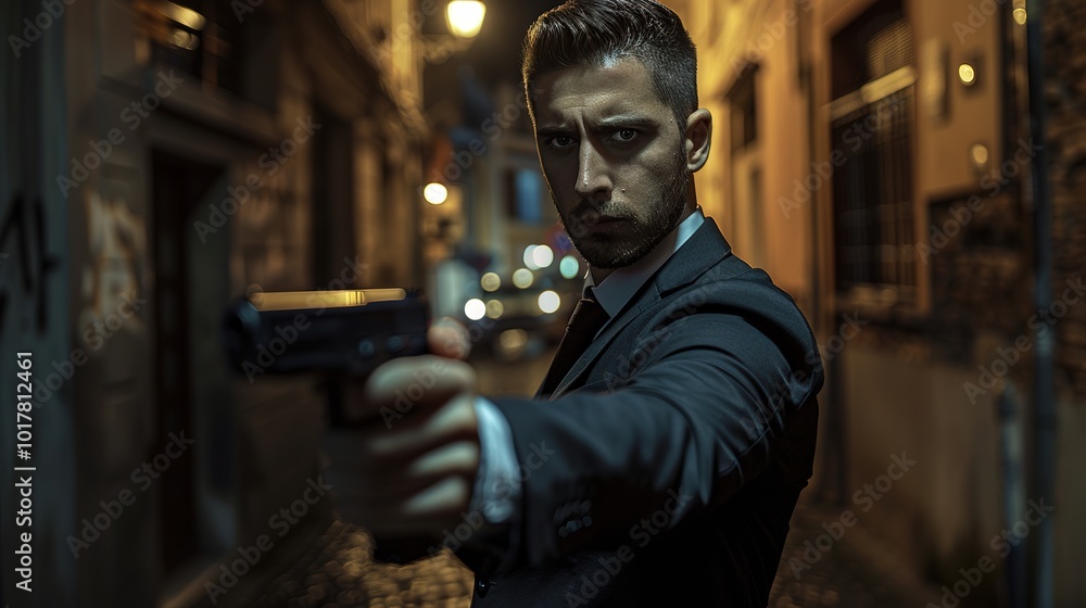 A tense man in a dark suit stands in a dimly lit alleyway, gripping a gun and ready to defend himself from an unseen threat. dark,moody,gloomy,eerie,alert,vigilant,tense,nervous A tense man in a dark suit stands in a dimly lit alleyway, gripping a gun and ready to defend himself from an unseen threat. dark,moody,gloomy,eerie,alert,vigilant,tense,nervous