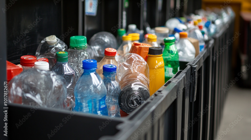 A row of plastic bottles are lined up in a recycling bin A row of plastic bottles are lined up in a recycling bin