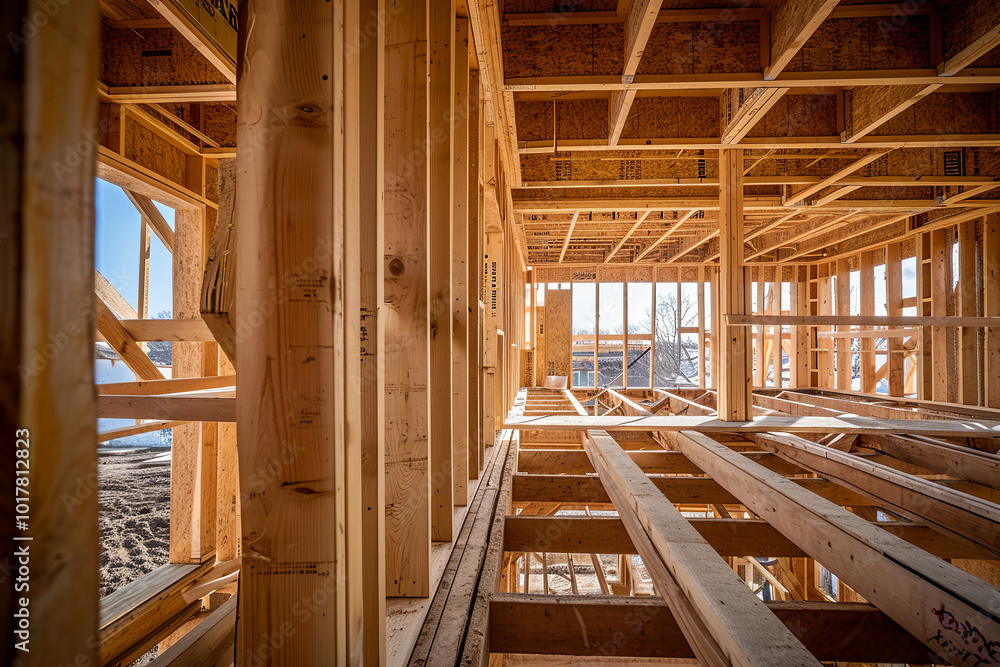 New residential construction home framing, Frame of the wooden house. The House on stilts. Summer, suburban construction New residential construction home framing, Frame of the wooden house. The House on stilts. Summer, suburban construction