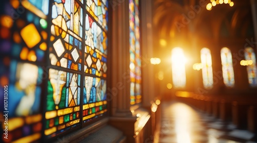Evening sunbeam illuminates stained glass windows in an  church