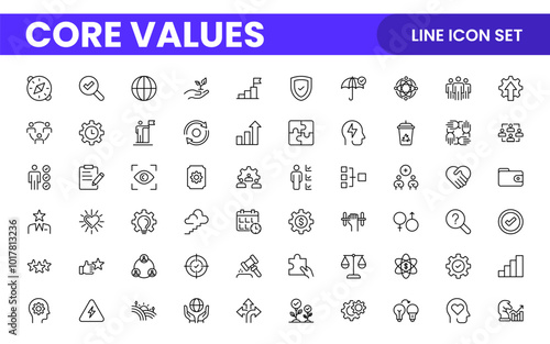 Core Values outline icons set. Core, values, business, leadership, goals, target, client, quality, success, responsibility and quality.
