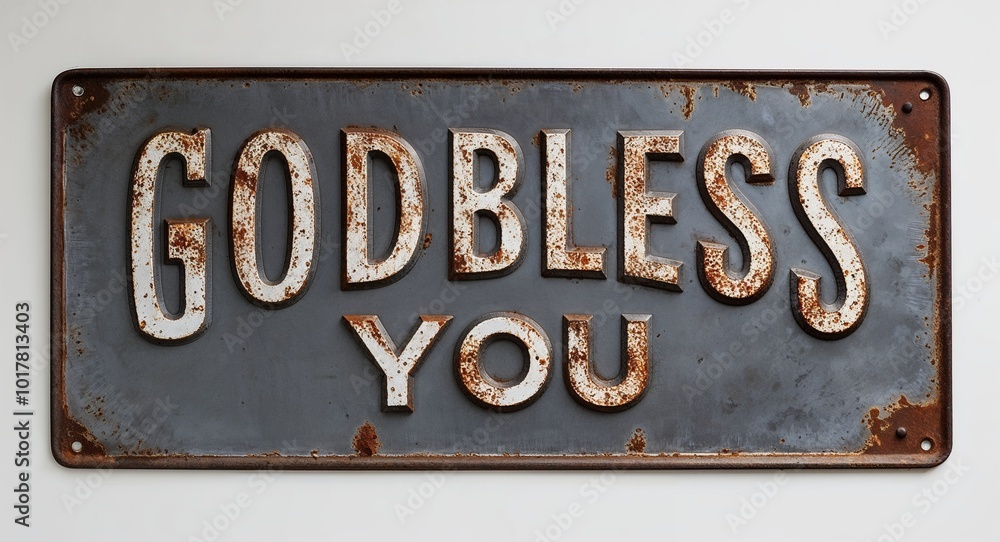 God bless you lettering on antique rugged rusty metal sign on plain white background God bless you lettering on antique rugged rusty metal sign on plain white background