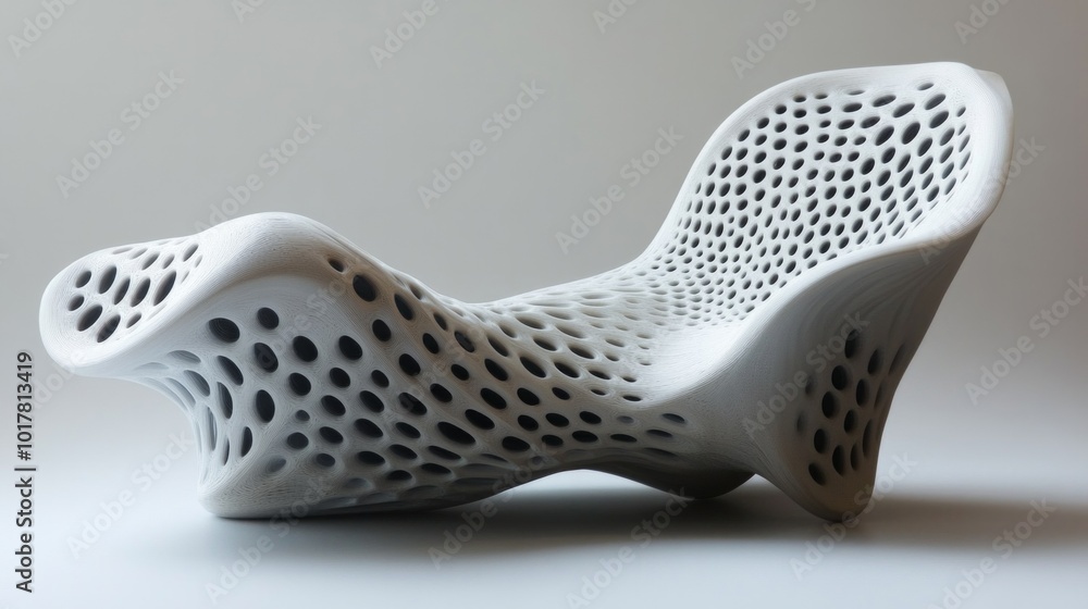 A white sculpture of a chair with a lot of holes in it A white sculpture of a chair with a lot of holes in it