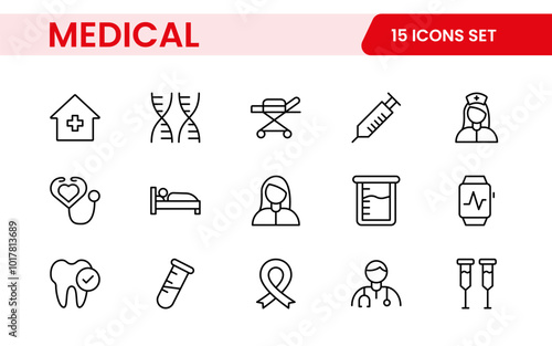 Set of Medical web icons in line style. Medicine and Health Care, RX. Medicine, check up, doctor, dentistry, pharmacy, lab, scientific discovery, collection.