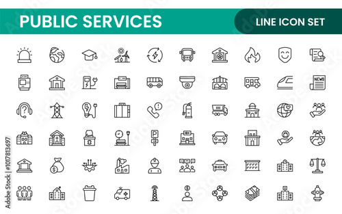 Set of outline Public Services icons. Minimalist thin linear web icon set. Line icons related to public utilities. Gas, electricity, water, heating.