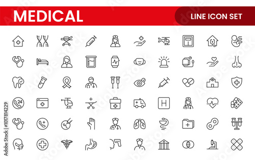 Set of Medical web icons in line style. Medicine and Health Care, RX. Medicine, check up, doctor, dentistry, pharmacy, lab, scientific discovery, collection.