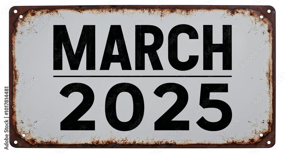 Fototapeta premium march 2025 lettering on antique rugged rusty metal sign on plain white background