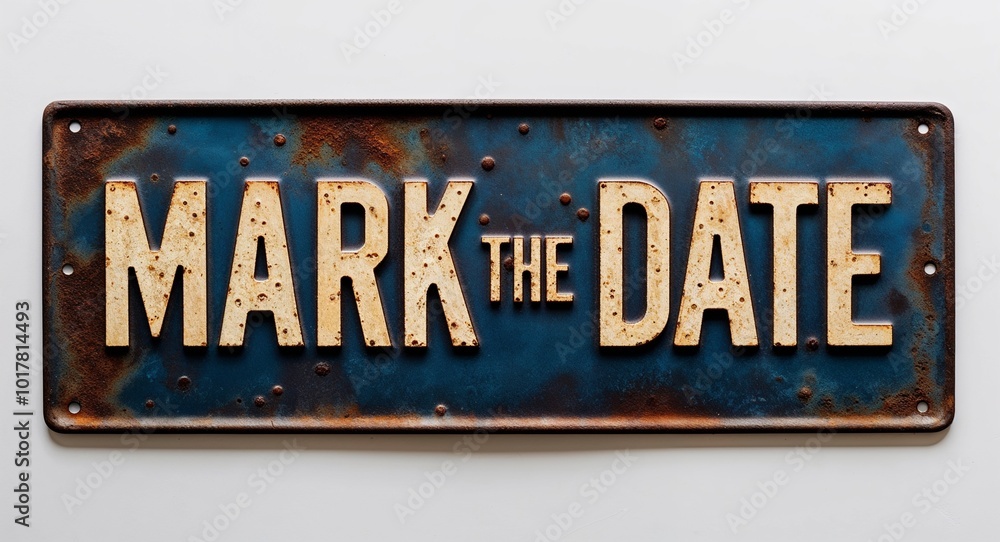 Fototapeta premium mark the date lettering on antique rugged rusty metal sign on plain white background