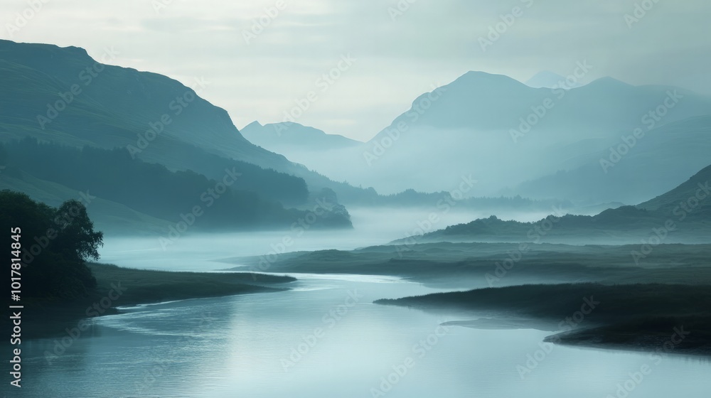 Calm river flowing through a misty valley, with mountains rising in the background and soft morning light Calm river flowing through a misty valley, with mountains rising in the background and soft morning light