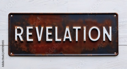 Revelation lettering on antique rugged rusty metal sign on plain white background