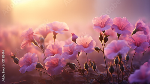 pink flowers wild field on the background of fog, morning view fragrance and coolness of petunia