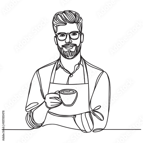 Continuous one line of the barista with the coffee, Vector illustration