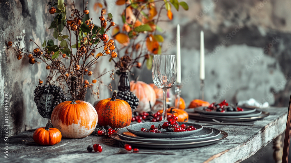 A table is set with a variety of fall fruits and vegetables, including pumpkins A table is set with a variety of fall fruits and vegetables, including pumpkins