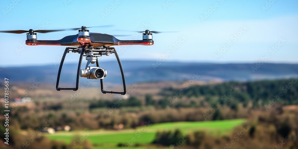 A drone equipped with a camera flying over a scenic landscape. A drone equipped with a camera flying over a scenic landscape.