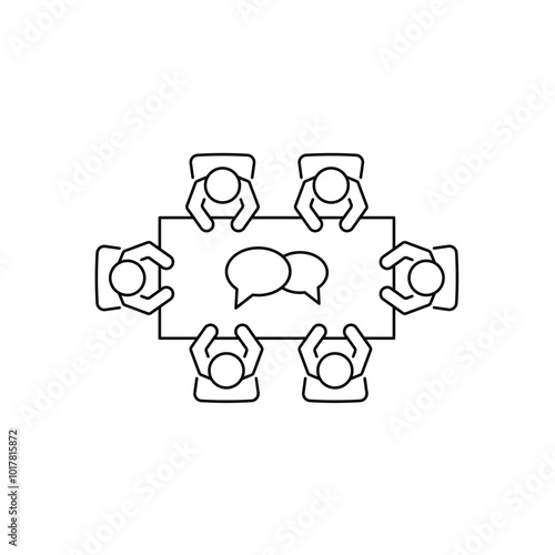 Brainstorming and teamwork icon. Business meeting. Group of six people in conference room sitting around a table working together on new creative projects.