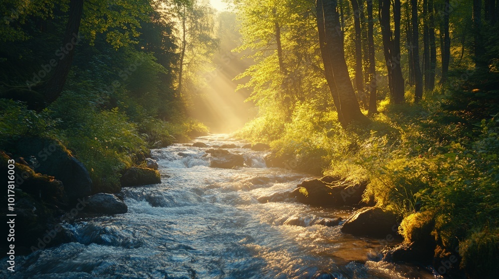 Tranquil mountain stream flowing through a lush forest, with sunlight filtering through the trees Tranquil mountain stream flowing through a lush forest, with sunlight filtering through the trees