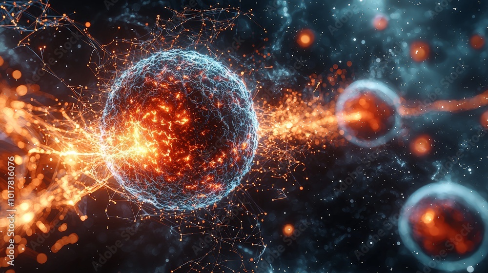 Abstract representation of molecular interactions and energy transfer in a scientific context. Abstract representation of molecular interactions and energy transfer in a scientific context.