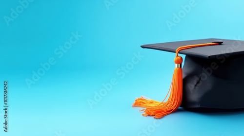 Graduation Cap with Orange Tassel on Blue Background, AI photo