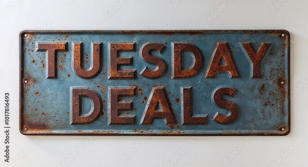 Tuesday deals lettering on antique rugged rusty metal sign on plain white background Tuesday deals lettering on antique rugged rusty metal sign on plain white background