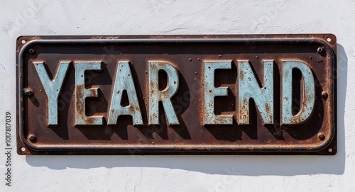 year end lettering on antique rugged rusty metal sign on plain white background