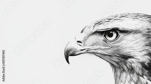 A detailed black and white illustration of an eagle's profile, showcasing its sharp features and intense gaze.
