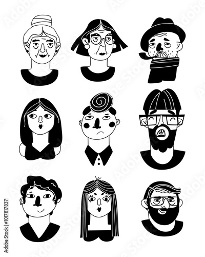 Black and white heads of men and women. Set of avatars of people of different ages. Flat vector illustration