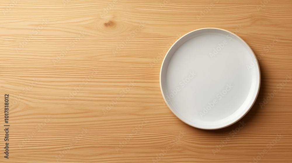 Simple white plate on a natural wooden table in a minimalist kitchen setting during daylight hours. Simple white plate on a natural wooden table in a minimalist kitchen setting during daylight hours.