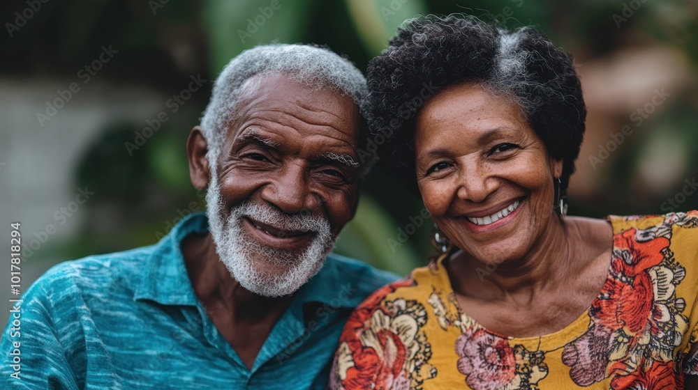 Senior couple smiling together, radiating love and companionship, capturing a timeless bond between them. Senior couple smiling together, radiating love and companionship, capturing a timeless bond between them.